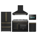 Forno 5-Piece Appliance Package - 48-Inch Galiano French Door Gas Range, Wall Mount Range Hood, 36-Inch Refrigerator, Dishwasher, and 24-Inch Microwave Oven in Black with Antique Brass Handle