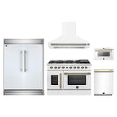 Forno 5-Piece Appliance Package - 48-Inch Galiano French Door Gas Range, Wall Mount Range Hood, 60-Inch Refrigerator, Dishwasher, and 24-Inch Microwave Drawer in White with Antique Brass Handle