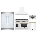 Forno 5-Piece Appliance Package - 48-Inch Galiano French Door Gas Range, Wall Mount Range Hood, 60-Inch Refrigerator, Dishwasher, and 30-Inch Microwave Drawer in White with Antique Brass Handle