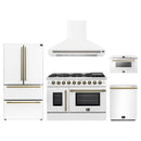 Forno 5-Piece Appliance Package - 48-Inch Galiano French Door Gas Range, Wall Mount Range Hood, 36-Inch Refrigerator, Dishwasher, and 24-Inch Microwave Drawer in White with Antique Brass Handle