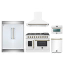 Forno 5-Piece Appliance Package - 48-Inch Galiano French Door Gas Range, Wall Mount Range Hood, 60-Inch Refrigerator, Dishwasher, and 24-Inch Microwave Oven in White with Antique Brass Handle