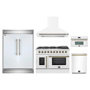 Forno 5-Piece Appliance Package - 48-Inch Galiano French Door Gas Range, Wall Mount Range Hood, 60-Inch Refrigerator, Dishwasher, and 30-Inch Microwave Oven in White with Antique Brass Handle