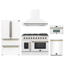 Forno 5-Piece Appliance Package - 48-Inch Galiano French Door Gas Range, Wall Mount Range Hood, 36-Inch Refrigerator, Dishwasher, and 30-Inch Microwave Oven in White with Antique Brass Handle