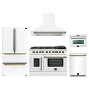 Forno 5-Piece Appliance Package - 48-Inch Galiano French Door Gas Range, Wall Mount Range Hood, 36-Inch Refrigerator, Dishwasher, and 24-Inch Microwave Oven in White with Antique Brass Handle