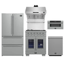 Forno 5-Piece Pro Appliance Package - 30-Inch Capriasca French Door Gas Range, Refrigerator, Wall Mount Hood with Backsplash, 30-Inch Microwave Drawer, & 3-Rack Dishwasher in Stainless Steel
