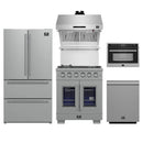 Forno 5-Piece Pro Appliance Package - 30-Inch Capriasca French Door Gas Range, 36-Inch Refrigerator Wall Mount Hood with Backsplash, 24-Inch Microwave Oven, & 3-Rack Dishwasher in Stainless Steel