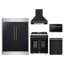Forno 5-Piece Appliance Package - 30-Inch Capriasca French Door Gas Range, Wall Mount Range Hood, 60-Inch Refrigerator, Dishwasher, and 24-Inch Microwave Drawer in Black with Antique Brass Handle