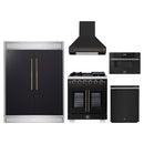 Forno 5-Piece Appliance Package - 30-Inch Capriasca French Door Gas Range, Wall Mount Range Hood, 60-Inch Refrigerator, Dishwasher, and 30-Inch Microwave Drawer in Black with Antique Brass Handle