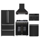 Forno 5-Piece Appliance Package - 30-Inch Capriasca French Door Gas Range, Wall Mount Range Hood, 36-Inch Refrigerator, Dishwasher, and 30-Inch Microwave Drawer in Black with Antique Brass Handle