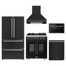 Forno 5-Piece Appliance Package - 30-Inch Capriasca French Door Gas Range, Wall Mount Range Hood, 36-Inch Refrigerator, Dishwasher, and 24-Inch Microwave Drawer in Black with Antique Brass Handle