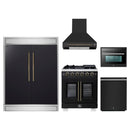 Forno 5-Piece Appliance Package - 30-Inch Capriasca French Door Gas Range, Wall Mount Range Hood, 60-Inch Refrigerator, Dishwasher, and 24-Inch Microwave Oven in Black with Antique Brass Handle