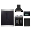 Forno 5-Piece Appliance Package - 30-Inch Capriasca French Door Gas Range, Wall Mount Range Hood, 60-Inch Refrigerator, Dishwasher, and 30-Inch Microwave Oven in Black with Antique Brass Handle