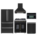 Forno 5-Piece Appliance Package - 30-Inch Capriasca French Door Gas Range, Wall Mount Range Hood, 36-Inch Refrigerator, Dishwasher, and 30-Inch Microwave Oven in Black with Antique Brass Handle