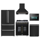 Forno 5-Piece Appliance Package - 30-Inch Capriasca French Door Gas Range, Wall Mount Range Hood, 36-Inch Refrigerator, Dishwasher, and 24-Inch Microwave Oven in Black with Antique Brass Handle