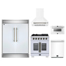 Forno 5-Piece Appliance Package - 30-Inch Capriasca French Door Gas Range, Wall Mount Range Hood, 60-Inch Refrigerator, Dishwasher, and 24-Inch Microwave Drawer in White with Antique Brass Handle