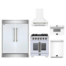 Forno 5-Piece Appliance Package - 30-Inch Capriasca French Door Gas Range, Wall Mount Range Hood, 60-Inch Refrigerator, Dishwasher, and 30-Inch Microwave Drawer in White with Antique Brass Handle