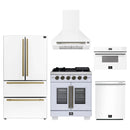 Forno 5-Piece Appliance Package - 30-Inch Capriasca French Door Gas Range, Wall Mount Range Hood, 36-Inch Refrigerator, Dishwasher, and 30-Inch Microwave Drawer in White with Antique Brass Handle