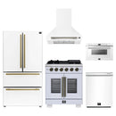 Forno 5-Piece Appliance Package - 30-Inch Capriasca French Door Gas Range, Wall Mount Range Hood, 36-Inch Refrigerator, Dishwasher, and 24-Inch Microwave Drawer in White with Antique Brass Handle