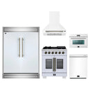 Forno 5-Piece Appliance Package - 30-Inch Capriasca French Door Gas Range, Wall Mount Range Hood, 60-Inch Refrigerator, Dishwasher, and 24-Inch Microwave Oven in White with Antique Brass Handle