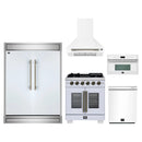 Forno 5-Piece Appliance Package - 30-Inch Capriasca French Door Gas Range, Wall Mount Range Hood, 60-Inch Refrigerator, Dishwasher, and 30-Inch Microwave Oven in White with Antique Brass Handle