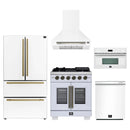 Forno 5-Piece Appliance Package - 30-Inch Capriasca French Door Gas Range, Wall Mount Range Hood, 36-Inch Refrigerator, Dishwasher, and 30-Inch Microwave Oven in White with Antique Brass Handle