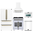 Forno 5-Piece Appliance Package - 30-Inch Capriasca French Door Gas Range, Wall Mount Range Hood, 36-Inch Refrigerator, Dishwasher, and 24-Inch Microwave Oven in White with Antique Brass Handle