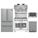 Forno 5-Piece Pro Appliance Package - 36-Inch Capriasca French Door Gas Range, Refrigerator, Wall Mount Hood with Backsplash, 30-Inch Microwave Drawer, & 3-Rack Dishwasher in Stainless Steel