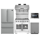 Forno 5-Piece Pro Appliance Package - 36-Inch Capriasca French Door Gas Range, Refrigerator, Wall Mount Hood with Backsplash, 24-Inch Microwave Drawer, & 3-Rack Dishwasher in Stainless Steel
