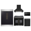 Forno 5-Piece Appliance Package - 36-Inch Capriasca French Door Gas Range, Wall Mount Range Hood, 60-Inch Refrigerator, Dishwasher, and 24-Inch Microwave Drawer in Black with Antique Brass Handle