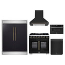 Forno 5-Piece Appliance Package - 36-Inch Capriasca French Door Gas Range, Wall Mount Range Hood, 60-Inch Refrigerator, Dishwasher, and 30-Inch Microwave Drawer in Black with Antique Brass Handle