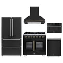 Forno 5-Piece Appliance Package - 36-Inch Capriasca French Door Gas Range, Wall Mount Range Hood, 36-Inch Refrigerator, Dishwasher, and 30-Inch Microwave Drawer in Black with Antique Brass Handle