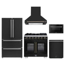 Forno 5-Piece Appliance Package - 36-Inch Capriasca French Door Gas Range, Wall Mount Range Hood, 36-Inch Refrigerator, Dishwasher, and 24-Inch Microwave Drawer in Black with Antique Brass Handle