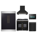 Forno 5-Piece Appliance Package - 36-Inch Capriasca French Door Gas Range, Wall Mount Range Hood, 60-Inch Refrigerator, Dishwasher, and 24-Inch Microwave Oven in Black with Antique Brass Handle