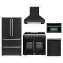 Forno 5-Piece Appliance Package - 36-Inch Capriasca French Door Gas Range, Wall Mount Range Hood, 36-Inch Refrigerator, Dishwasher, and 30-Inch Microwave Oven in Black with Antique Brass Handle