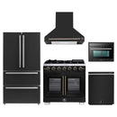Forno 5-Piece Appliance Package - 36-Inch Capriasca French Door Gas Range, Wall Mount Range Hood, 36-Inch Refrigerator, Dishwasher, and 24-Inch Microwave Oven in Black with Antique Brass Handle