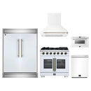 Forno 5-Piece Appliance Package - 36-Inch Capriasca French Door Gas Range, Wall Mount Range Hood, 60-Inch Refrigerator, Dishwasher, and 24-Inch Microwave Drawer in White with Antique Brass Handle