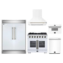 Forno 5-Piece Appliance Package - 36-Inch Capriasca French Door Gas Range, Wall Mount Range Hood, 60-Inch Refrigerator, Dishwasher, and 30-Inch Microwave Drawer in White with Antique Brass Handle