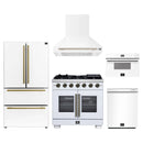Forno 5-Piece Appliance Package - 36-Inch Capriasca French Door Gas Range, Wall Mount Range Hood, 36-Inch Refrigerator, Dishwasher, and 30-Inch Microwave Drawer in White with Antique Brass Handle