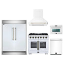 Forno 5-Piece Appliance Package - 36-Inch Capriasca French Door Gas Range, Wall Mount Range Hood, 60-Inch Refrigerator, Dishwasher, and 24-Inch Microwave Oven in White with Antique Brass Handle
