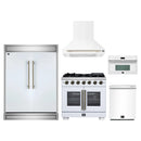 Forno 5-Piece Appliance Package - 36-Inch Capriasca French Door Gas Range, Wall Mount Range Hood, 60-Inch Refrigerator, Dishwasher, and 30-Inch Microwave Oven in White with Antique Brass Handle
