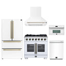 Forno 5-Piece Appliance Package - 36-Inch Capriasca French Door Gas Range, Wall Mount Range Hood, 36-Inch Refrigerator, Dishwasher, and 30-Inch Microwave Oven in White with Antique Brass Handle