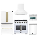 Forno 5-Piece Appliance Package - 36-Inch Capriasca French Door Gas Range, Wall Mount Range Hood, 36-Inch Refrigerator, Dishwasher, and 24-Inch Microwave Oven in White with Antique Brass Handle