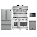 Forno 5-Piece Pro Appliance Package - 48-Inch Capriasca French Door Gas Range, Refrigerator, Wall Mount Hood with Backsplash, 24-Inch Microwave Drawer, & 3-Rack Dishwasher in Stainless Steel