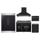 Forno 5-Piece Appliance Package - 48-Inch Capriasca French Door Gas Range, Wall Mount Range Hood, 60-Inch Refrigerator, Dishwasher, and 30-Inch Microwave Drawer in Black with Antique Brass Handle