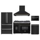 Forno 5-Piece Appliance Package - 48-Inch Capriasca French Door Gas Range, Wall Mount Range Hood, 36-Inch Refrigerator, Dishwasher, and 24-Inch Microwave Drawer in Black with Antique Brass Handle