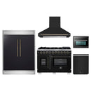 Forno 5-Piece Appliance Package - 48-Inch Capriasca French Door Gas Range, Wall Mount Range Hood, 60-Inch Refrigerator, Dishwasher, and 24-Inch Microwave Oven in Black with Antique Brass Handle