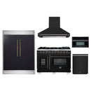 Forno 5-Piece Appliance Package - 48-Inch Capriasca French Door Gas Range, Wall Mount Range Hood, 60-Inch Refrigerator, Dishwasher, and 30-Inch Microwave Oven in Black with Antique Brass Handle