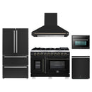 Forno 5-Piece Appliance Package - 48-Inch Capriasca French Door Gas Range, Wall Mount Range Hood, 36-Inch Refrigerator, Dishwasher, and 24-Inch Microwave Oven in Black with Antique Brass Handle