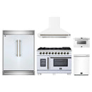 Forno 5-Piece Appliance Package - 48-Inch Capriasca French Door Gas Range, Wall Mount Range Hood, 60-Inch Refrigerator, Dishwasher, and 24-Inch Microwave Drawer in White with Antique Brass Handle