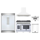 Forno 5-Piece Appliance Package - 48-Inch Capriasca French Door Gas Range, Wall Mount Range Hood, 60-Inch Refrigerator, Dishwasher, and 30-Inch Microwave Drawer in White with Antique Brass Handle